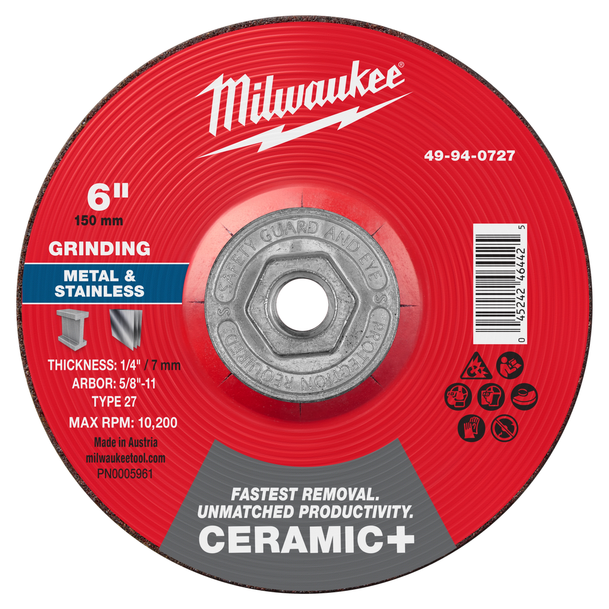 Milwaukee 49-94-0727 6" x 1/4" x 5/8"-11 Ceramic+ Metal Grinding Wheel - Type 27 (Pack of 5)