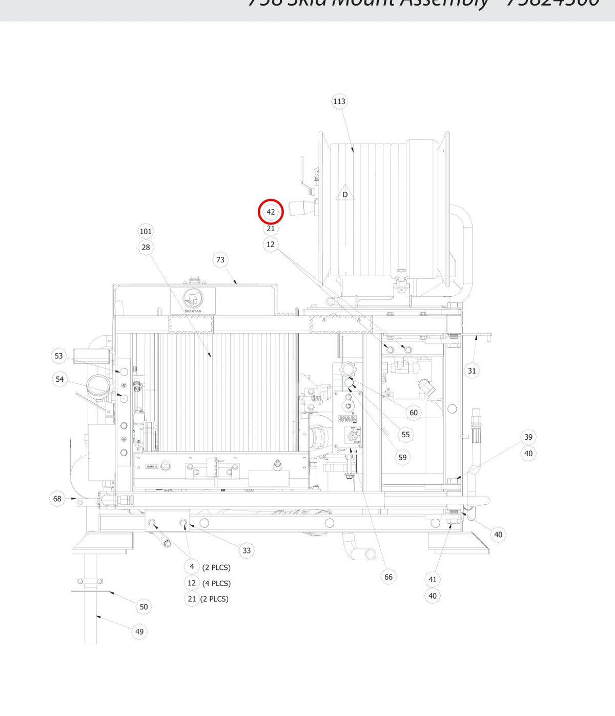 Spartan Tool 73830600 parts diagram, item 42 circled (758 Skid Mount Assembly - 75824300)