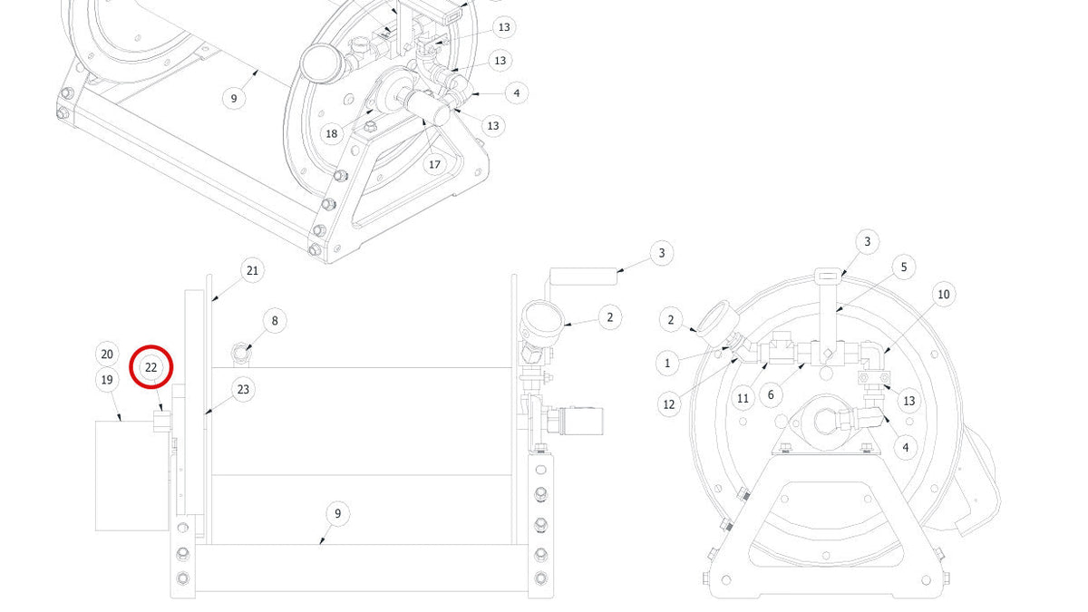 Spartan Tool 75800406 parts diagram, item 22 circled (High Pressure Reel Assembly - 75870000)
