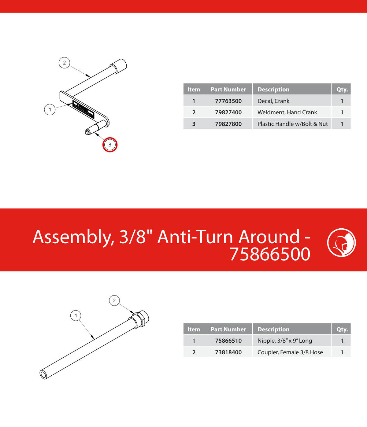 Spartan Tool 79827800 parts diagram, item 3 circled (Hand Crank, HP Reel - 79827300)