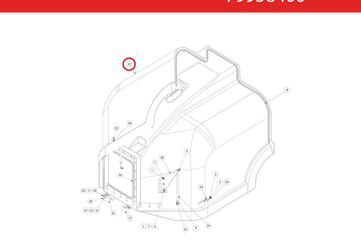 Spartan Tool 79920600 parts diagram, item 13 circled (Front Enclosure Assembly - 79958400)