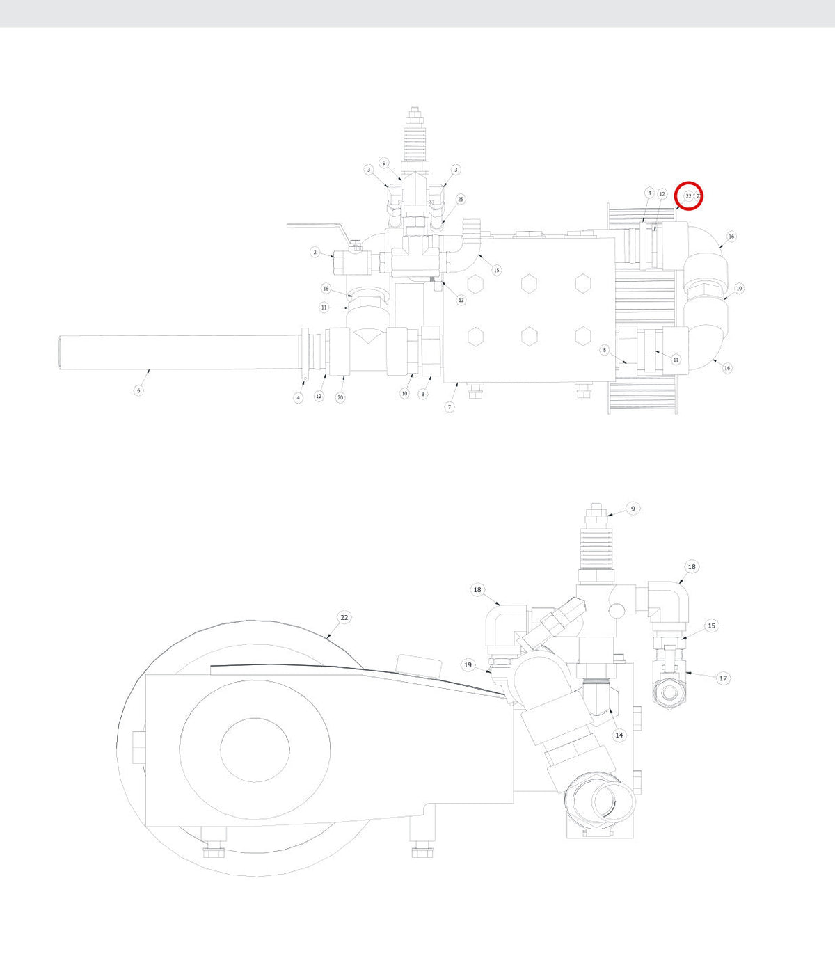 Spartan Tool 79922340 parts diagram, item 22 circled (Assy, Pump Warrior - 79940200)