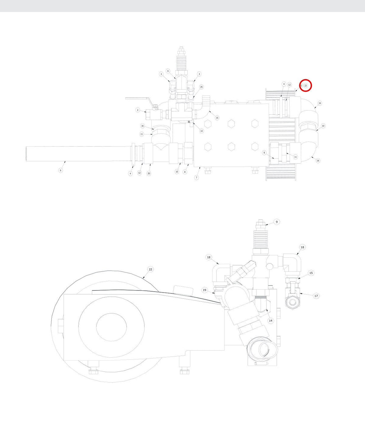 Spartan Tool 79922360 parts diagram, item 23 circled (Assy, Pump Warrior - 79940200)