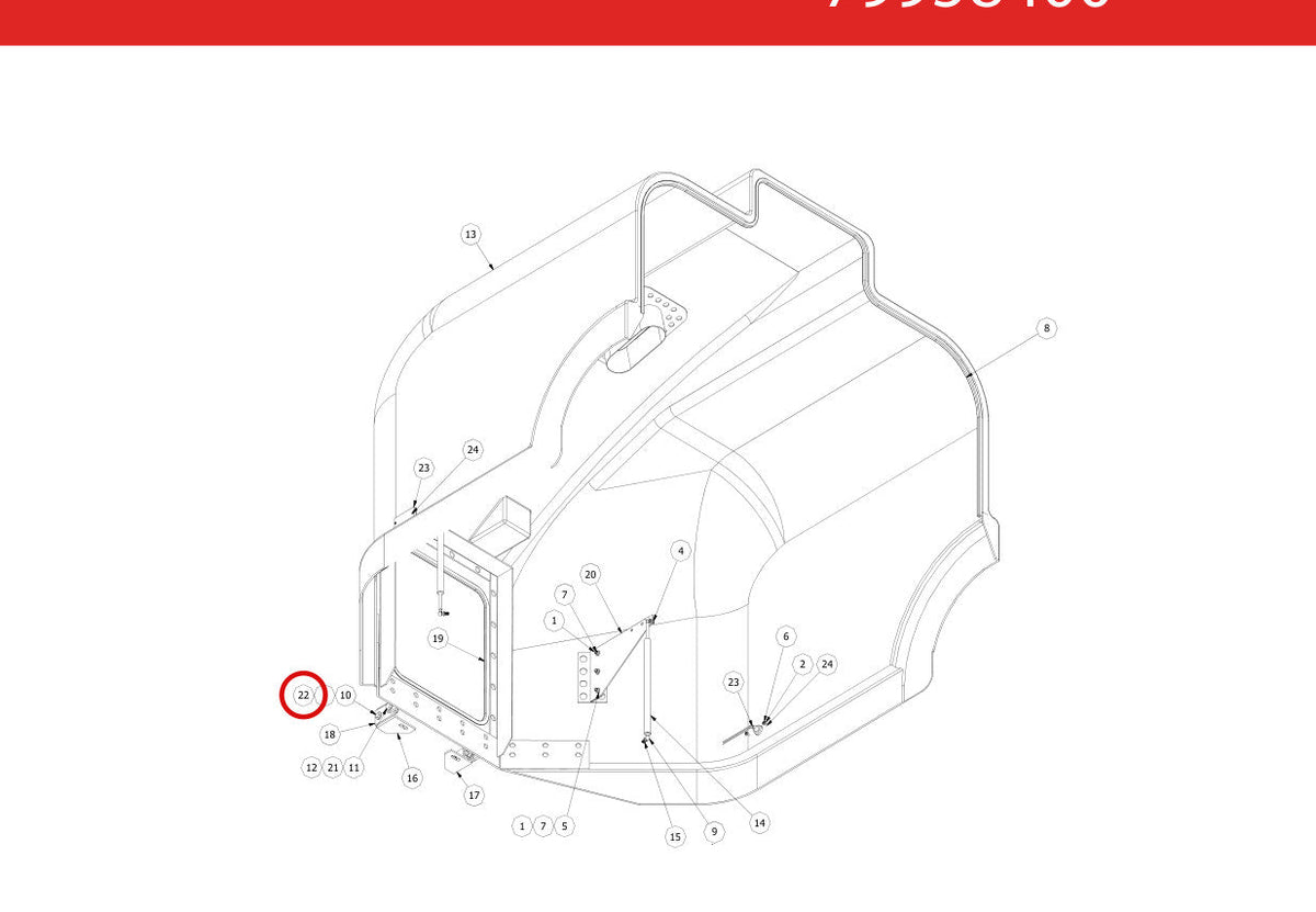 Spartan Tool 79943300 parts diagram, item 22 circled (Front Enclosure Assembly - 79958400)