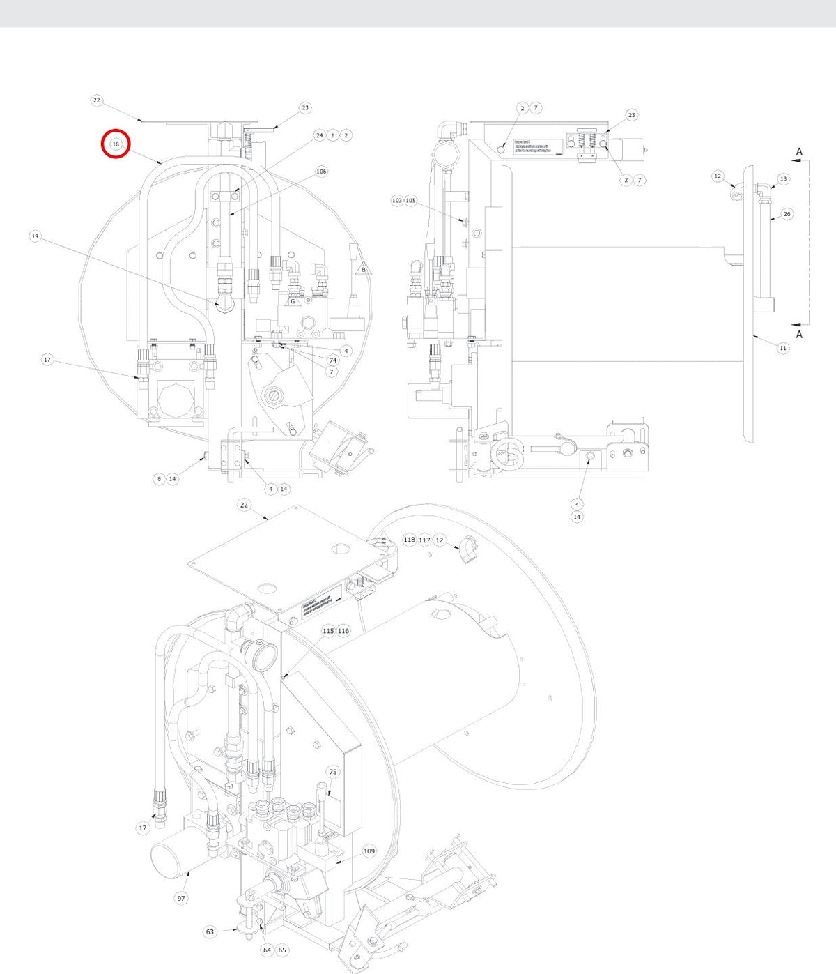Spartan Tool 79948080 parts diagram, item 18 circled (High Pressure Reel Assembly - 79958300)