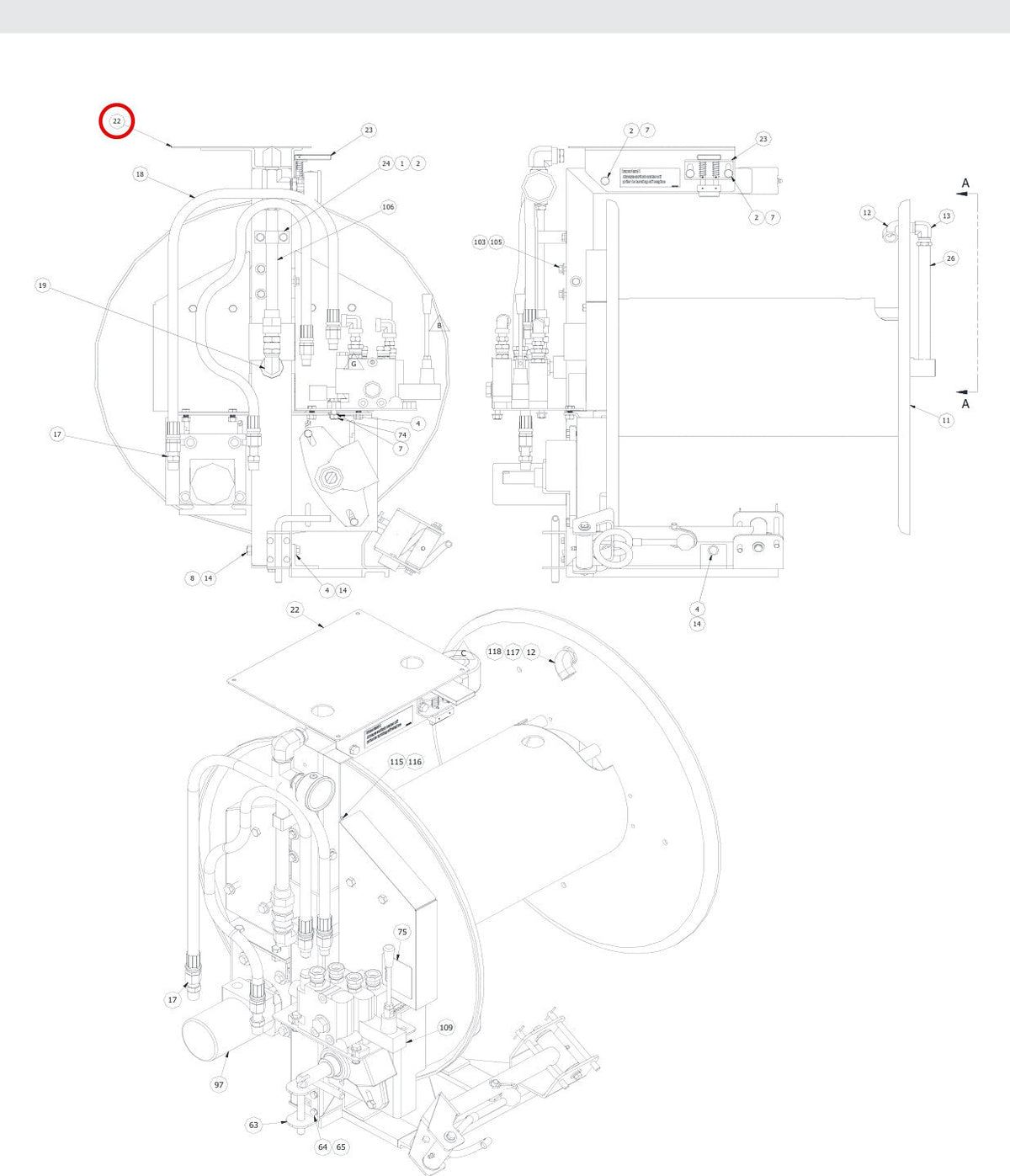 Spartan Tool 79962200 parts diagram, item 22 circled (High Pressure Reel Assembly - 79958300)