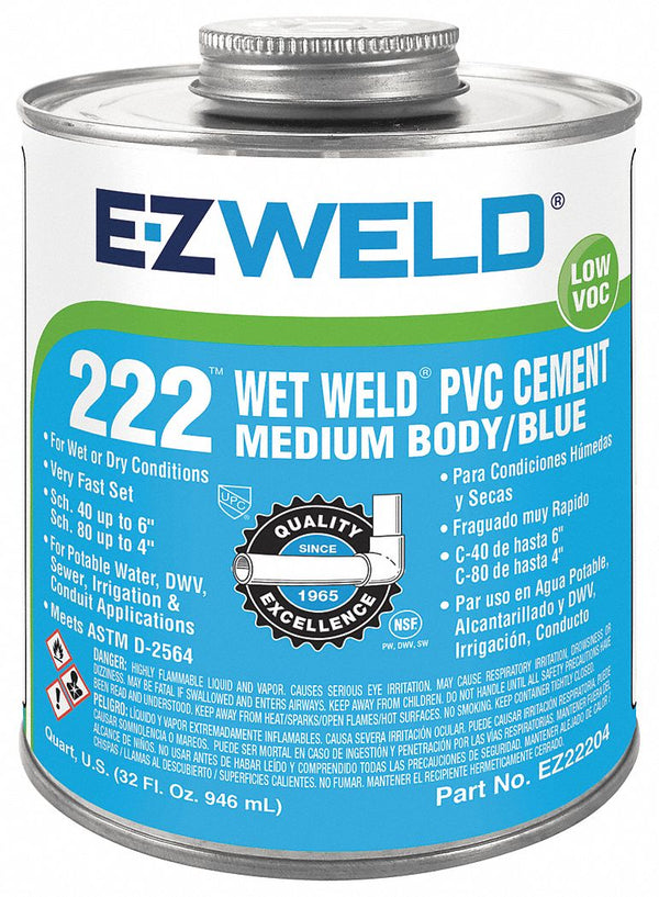 22204 Blue Solvent Cement, Size 32 oz, For Use With PVC Pipes and Fittings