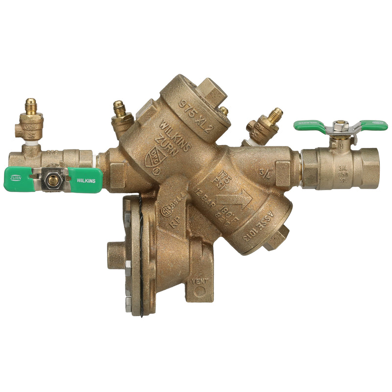 Zurn 3/4" 975XL2 Reduced Pressure Principle Backflow Preventer with test cocks oriented face up and SAE flare test fitting 34-975XL2TCUFT