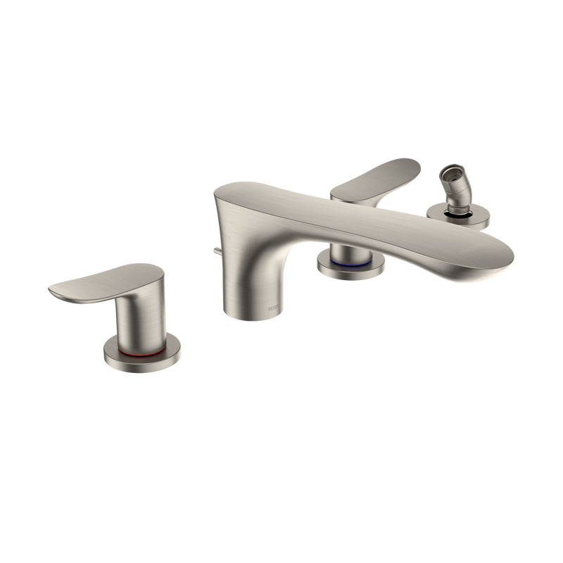 TOTO GO Two-Handle Deck-Mount Roman Tub Filler Trim with Handshower, Brushed Nickel TBG01202U